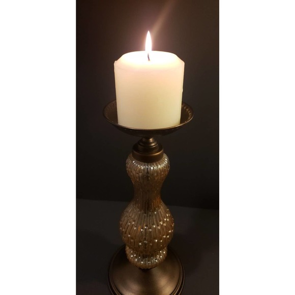 FALL Pillar Candle Holder, Lovely Iridescent Amber Glass & Bronze Metal 12 1/4"! - Picture 4 of 4